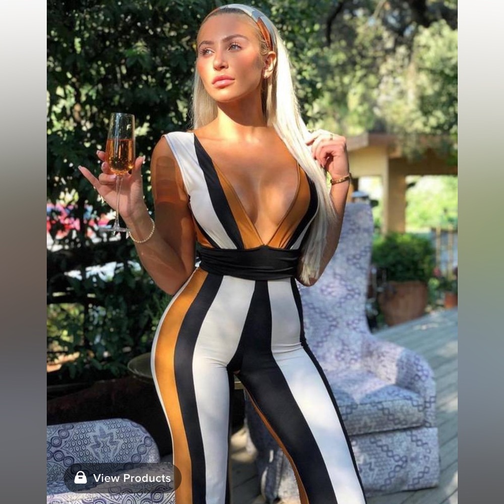 Deep v neck striped wide leg pants jumpsuit